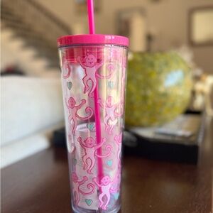 Starbucks 24 oz Roller Rabbit pink monkey tumbler with straw.